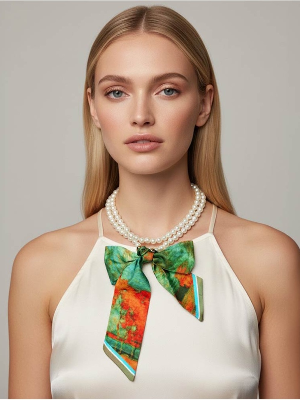 Adjustable Watercolor Fabric Scarf Pearl Beaded Long Necklace
